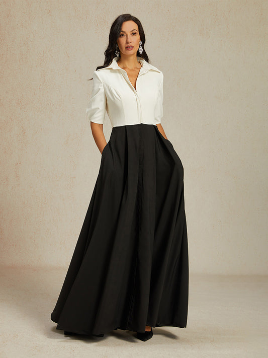 Black & White Maxi Dress with Shirt Collar
