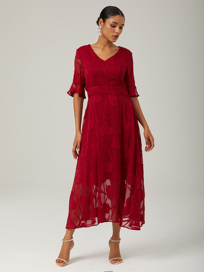 荷葉邊蕾絲長洋裝