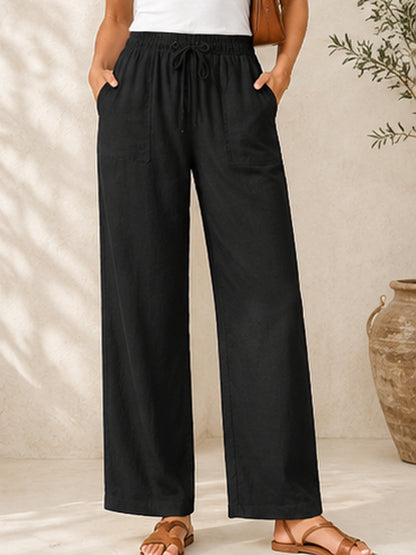 Cotton Linen Drawstring Straight-Leg Pant