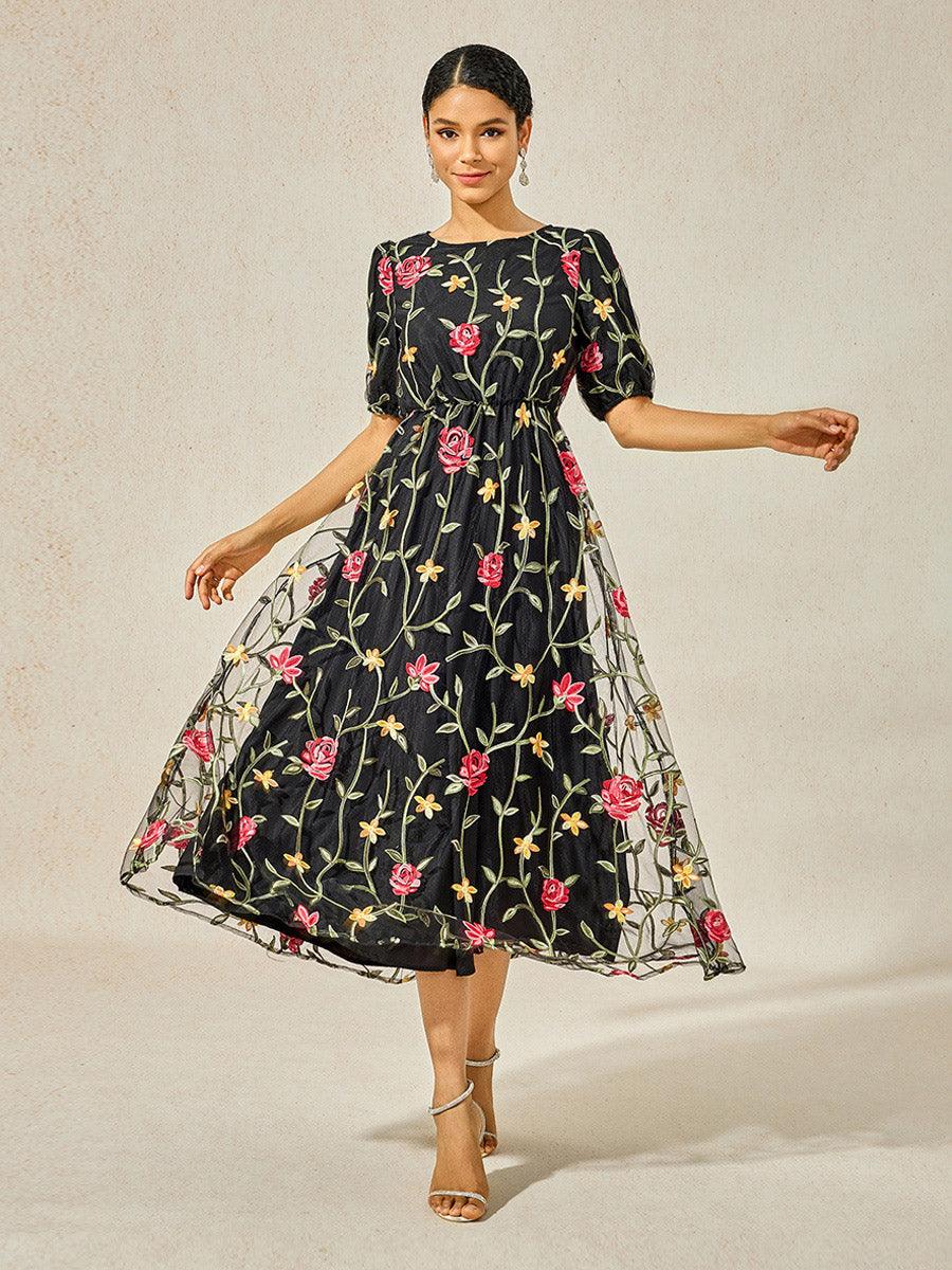 Black Floral Maxi Dress Elastic Waist Sheer Sleeves vvcloth Black Floral Maxi Dress Elastic Waist Sheer Sleeves vvcloth