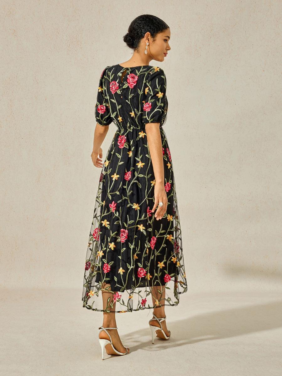 Black Floral Maxi Dress Elastic Waist Sheer Sleeves vvcloth Black Floral Maxi Dress Elastic Waist Sheer Sleeves vvcloth