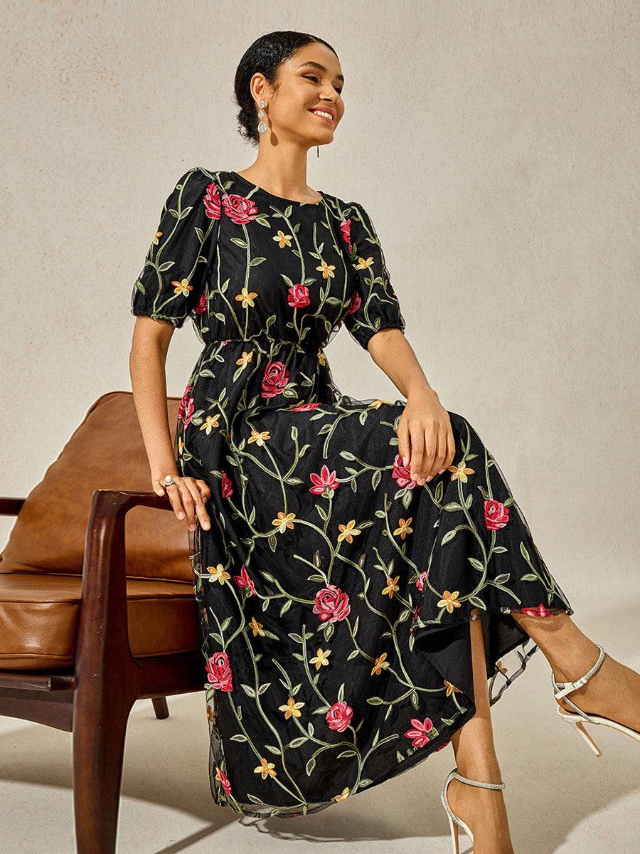 Black Floral Maxi Dress Elastic Waist Sheer Sleeves vvcloth Black Floral Maxi Dress Elastic Waist Sheer Sleeves vvcloth