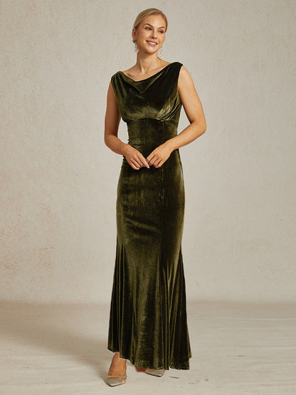 High-Stretch Velvet Sleeveless Midi Dress with Cowl Neck