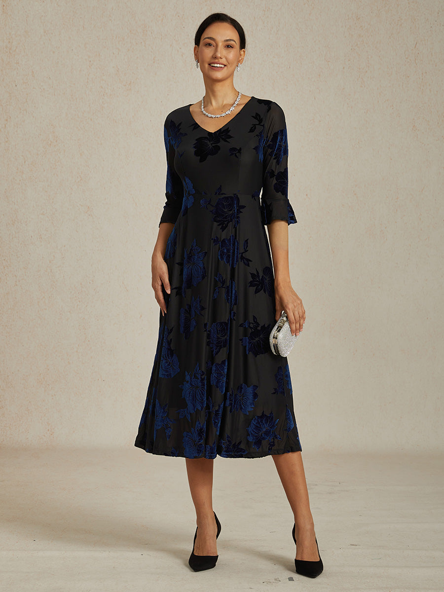 Floral Velvet A-Line Dress with Flutter Sleeves