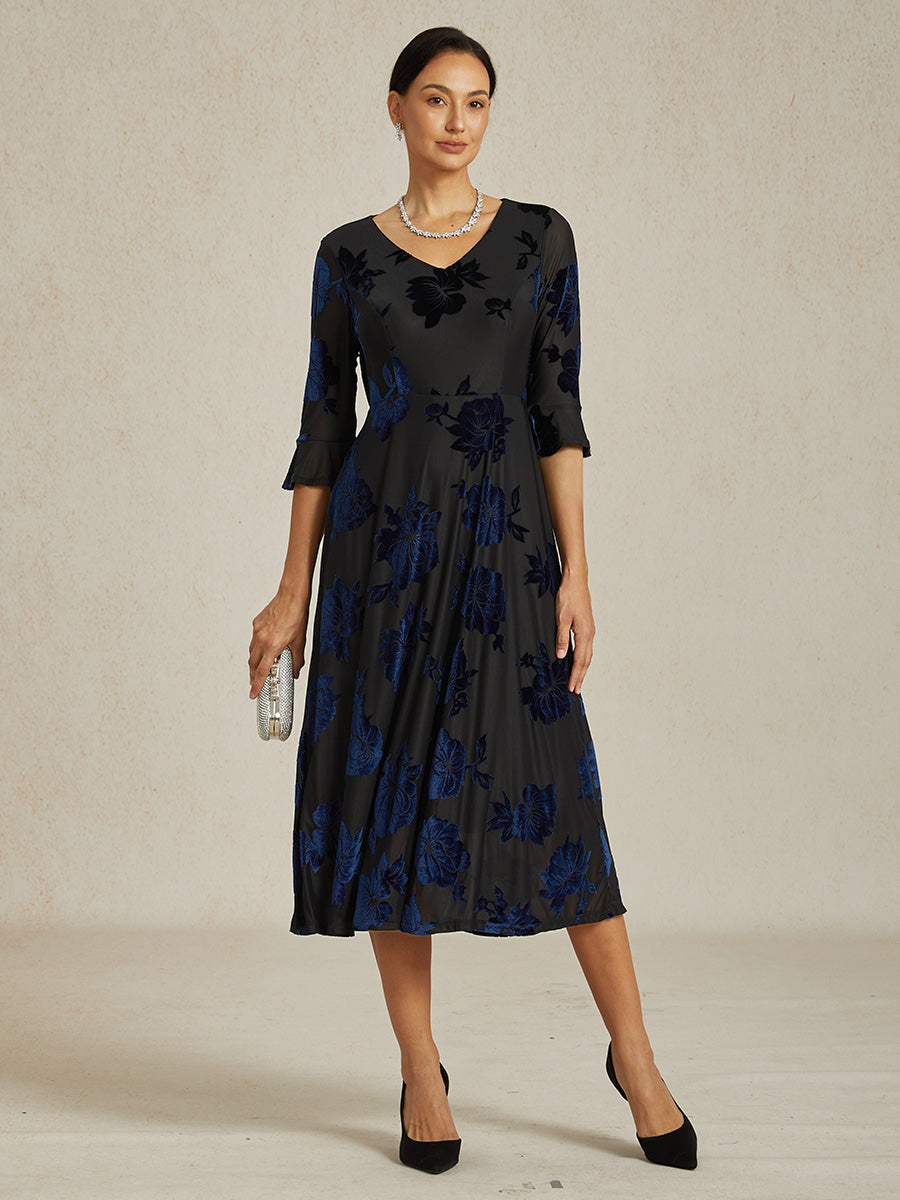 Floral Velvet A-Line Dress with Flutter Sleeves