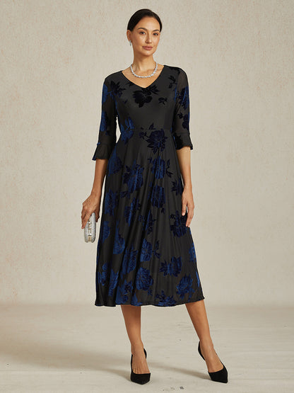 Floral Velvet A-Line Dress with Flutter Sleeves