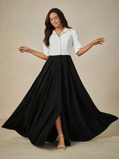 Formal Black & White Stretch Taffeta Maxi Dress