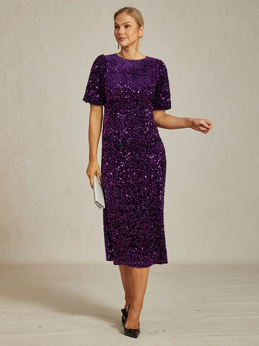 Velvet Sequin Midi Dress with Puff Sleeves