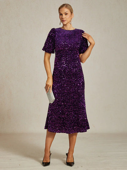 Velvet Sequin Midi Dress with Puff Sleeves