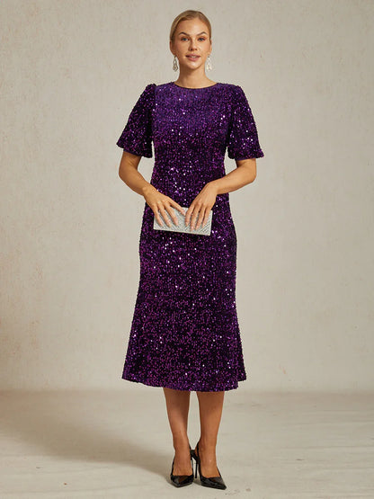 Velvet Sequin Midi Dress with Puff Sleeves