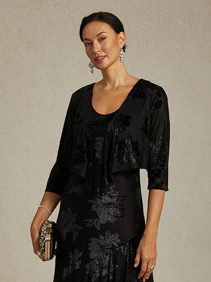 花卉彈性天鵝絨七分袖披肩