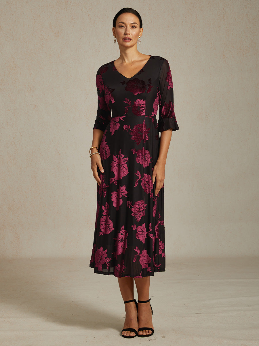 Floral Velvet A-Line Dress with Flutter Sleeves