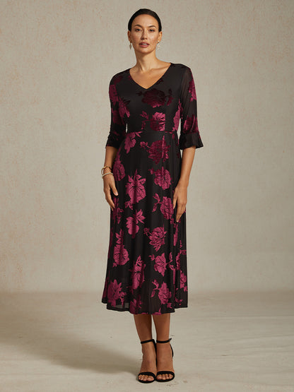 Floral Velvet A-Line Dress with Flutter Sleeves