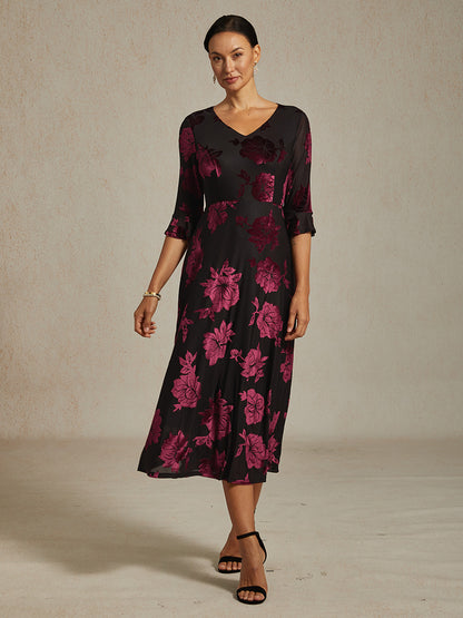 Floral Velvet A-Line Dress with Flutter Sleeves