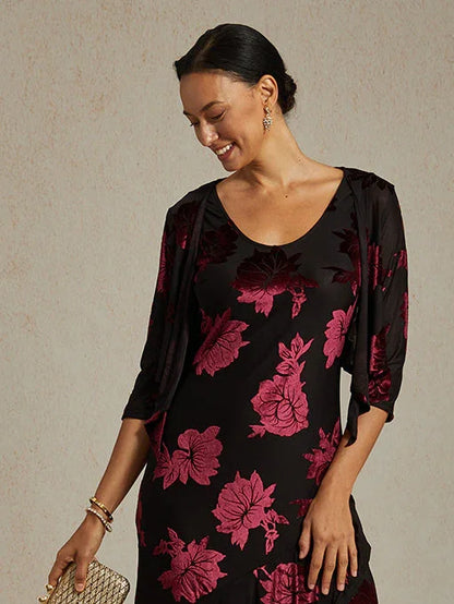 花卉彈性天鵝絨七分袖披肩