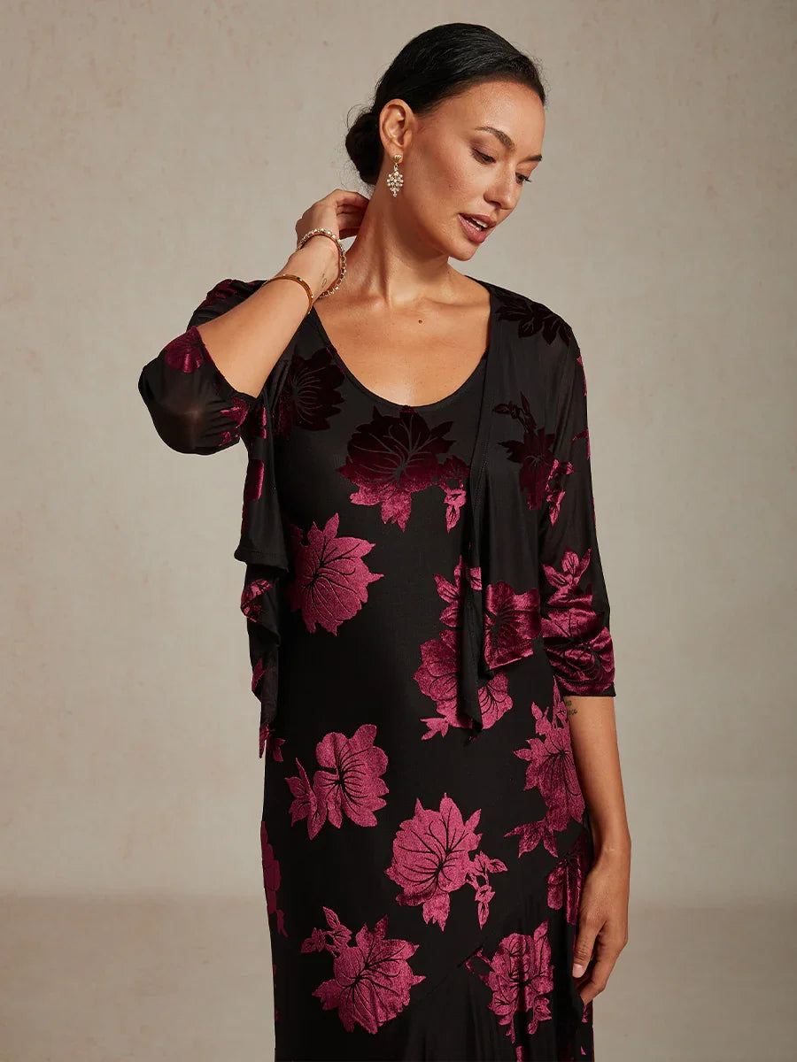 Floral Stretch Velvet 3/4 Sleeve Shrug