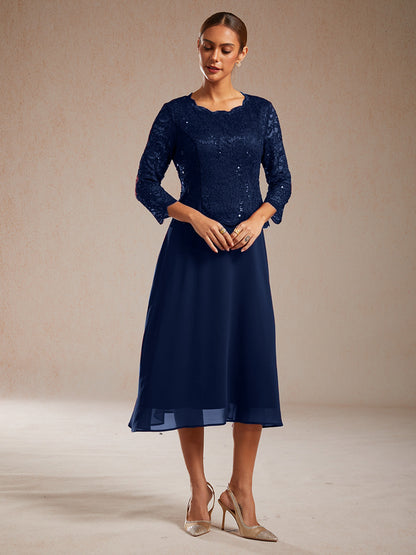 Elegantes Spitzen- und Chiffonkleid in Tea-Länge