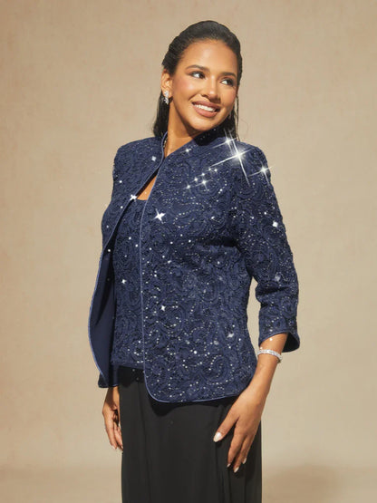 Paisley Lace Mandarin Collar Twinset with Rhinestone