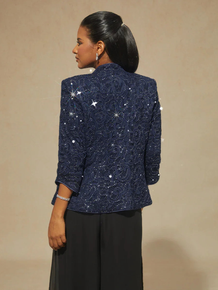 Paisley Lace Mandarin Collar Twinset with Rhinestone