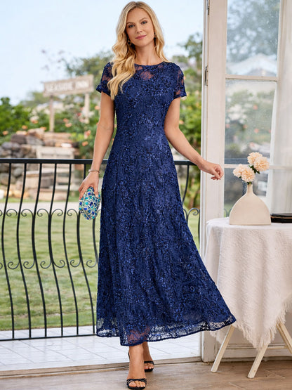 Robe trapèze en dentelle rosette ornée de paillettes