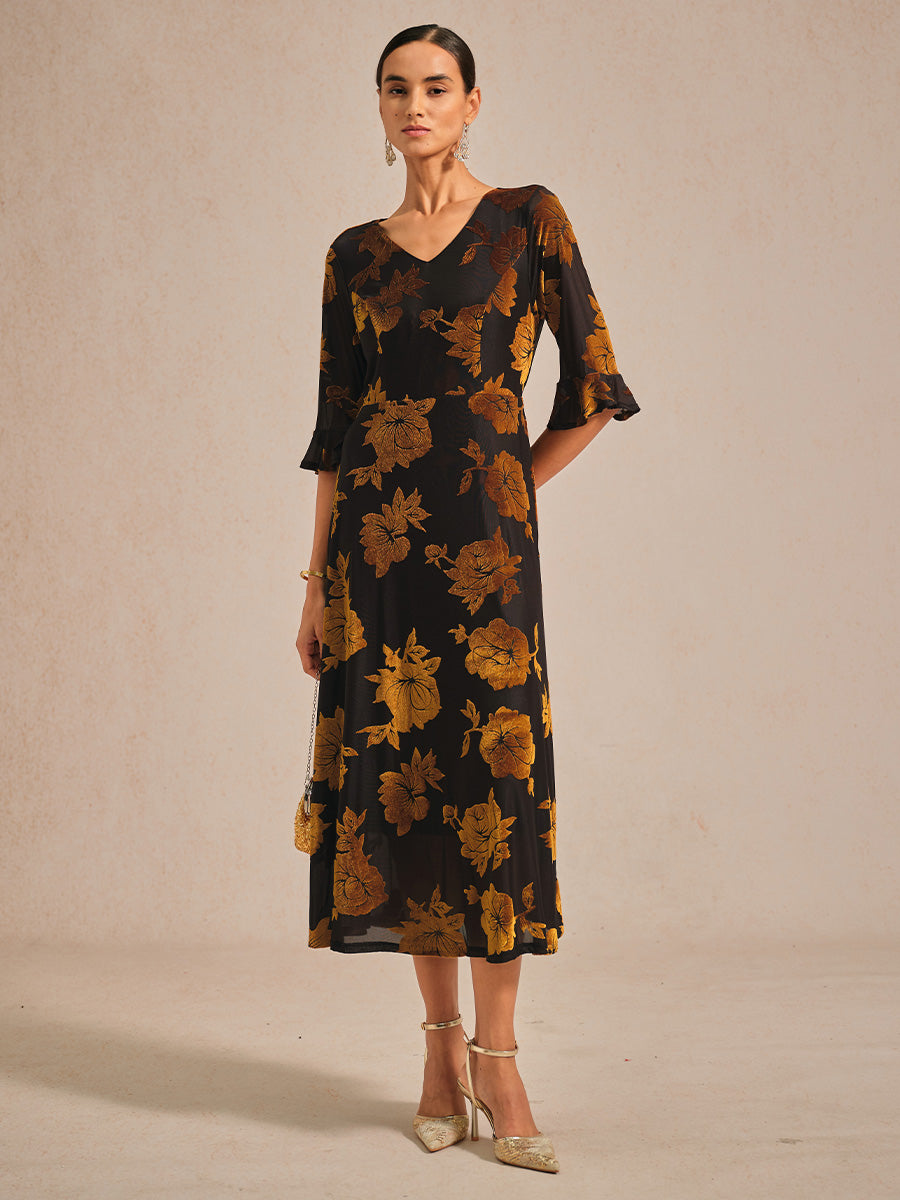 Floral Velvet A-Line Dress with Flutter Sleeves
