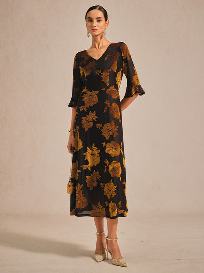 Floral Velvet A-Line Dress with Flutter Sleeves