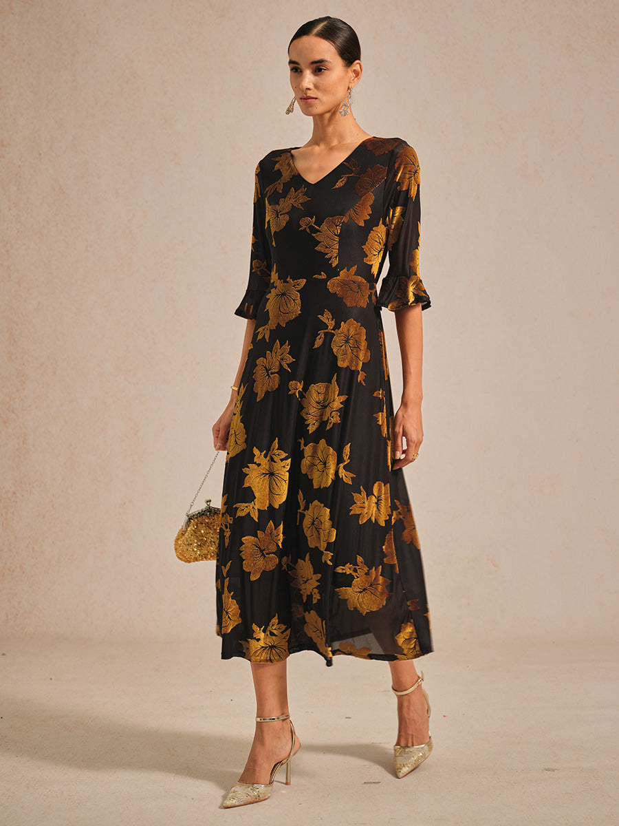 Floral Velvet A-Line Dress with Flutter Sleeves