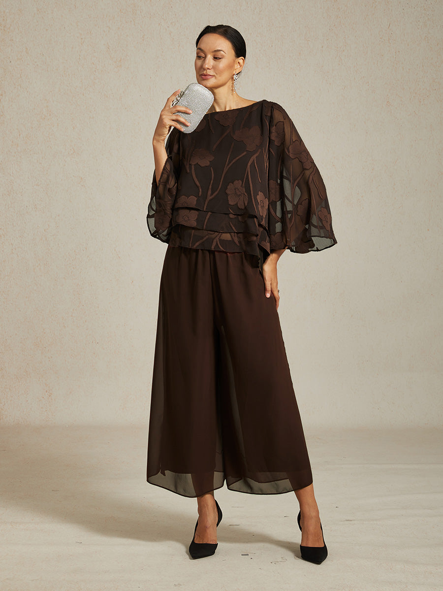 Cropped-Länge Hose mit geradem Bein und Chiffon-Überlagerung mit Beinschlitz