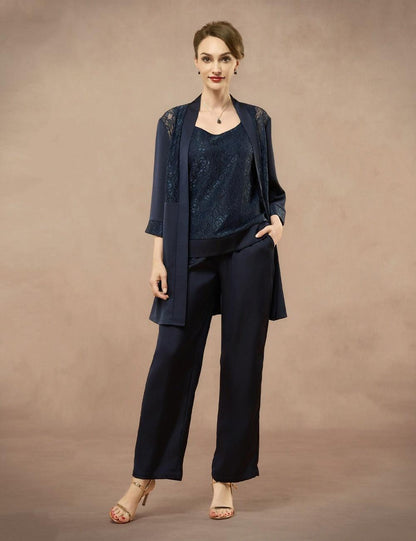 Elegant Satin Rhinestone Tank Top, Lace Jacket & Straight-Leg Pants 3-Piece Set