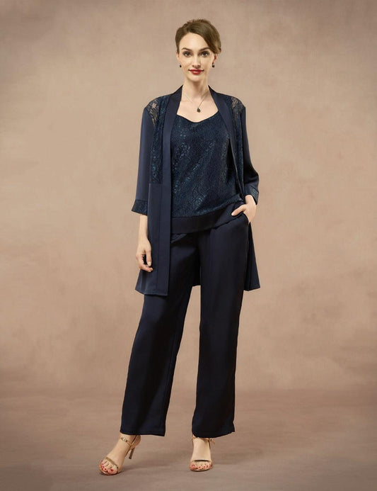 Elegant Satin Rhinestone Tank Top, Lace Jacket & Straight-Leg Pants 3-Piece Set