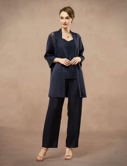 Elegant Satin Rhinestone Tank Top, Lace Jacket & Straight-Leg Pants 3-Piece Set