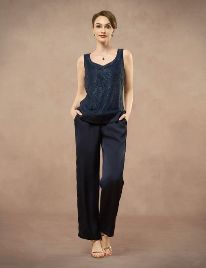 Elegant Satin Rhinestone Tank Top, Lace Jacket & Straight-Leg Pants 3-Piece Set
