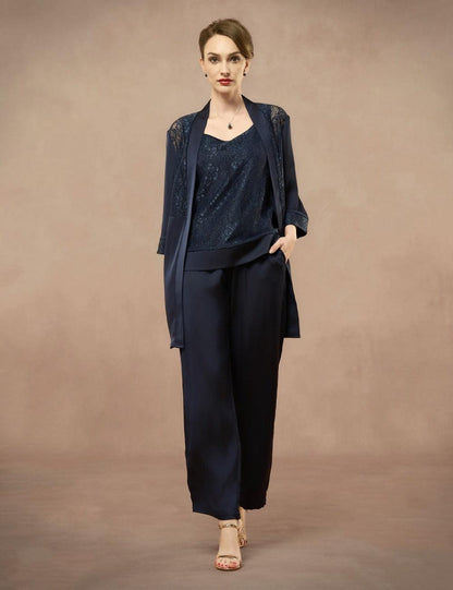 Elegant Satin Rhinestone Tank Top, Lace Jacket & Straight-Leg Pants 3-Piece Set