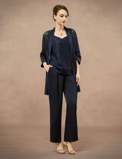 Elegant Satin Rhinestone Tank Top, Lace Jacket & Straight-Leg Pants 3-Piece Set
