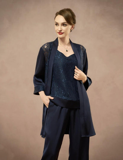 Elegant Satin Rhinestone Tank Top, Lace Jacket & Straight-Leg Pants 3-Piece Set