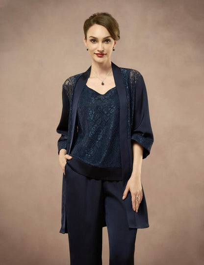 Elegant Satin Rhinestone Tank Top, Lace Jacket & Straight-Leg Pants 3-Piece Set