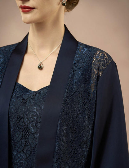 Elegant Satin Rhinestone Tank Top, Lace Jacket & Straight-Leg Pants 3-Piece Set
