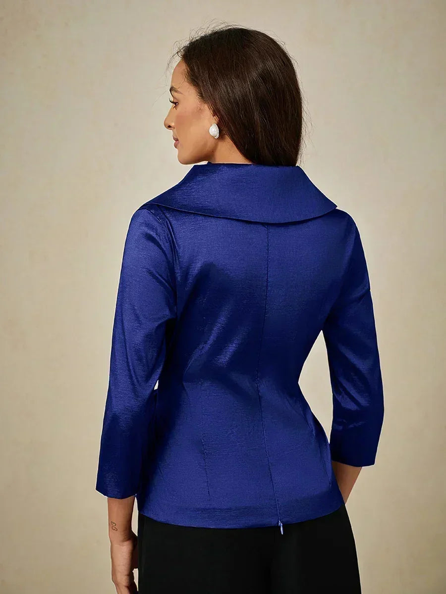 3/4 Sleeve Stretch Taffeta Blouse with Tie Waist Detail