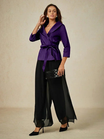 3/4 Sleeve Stretch Taffeta Blouse with Tie Waist Detail