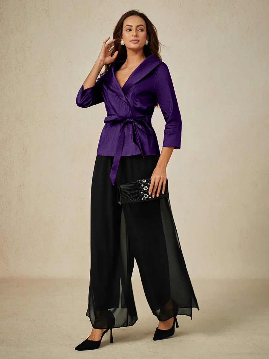 3/4 Sleeve Stretch Taffeta Blouse with Tie Waist Detail