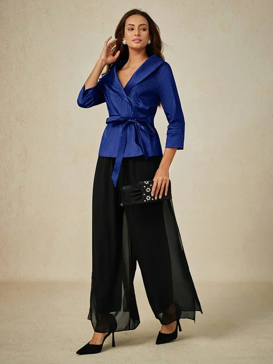 3/4 Sleeve Stretch Taffeta Blouse with Tie Waist Detail