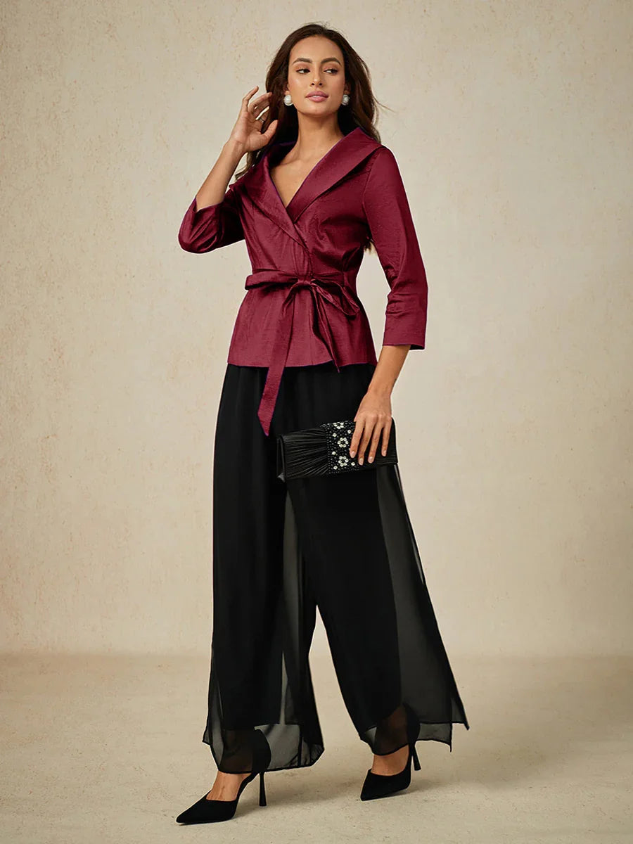 3/4 Sleeve Stretch Taffeta Blouse with Tie Waist Detail