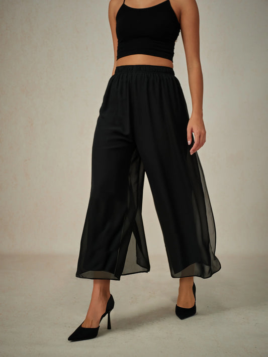 Cropped Length Straight Leg Pant With Chiffon Split Leg Overlay