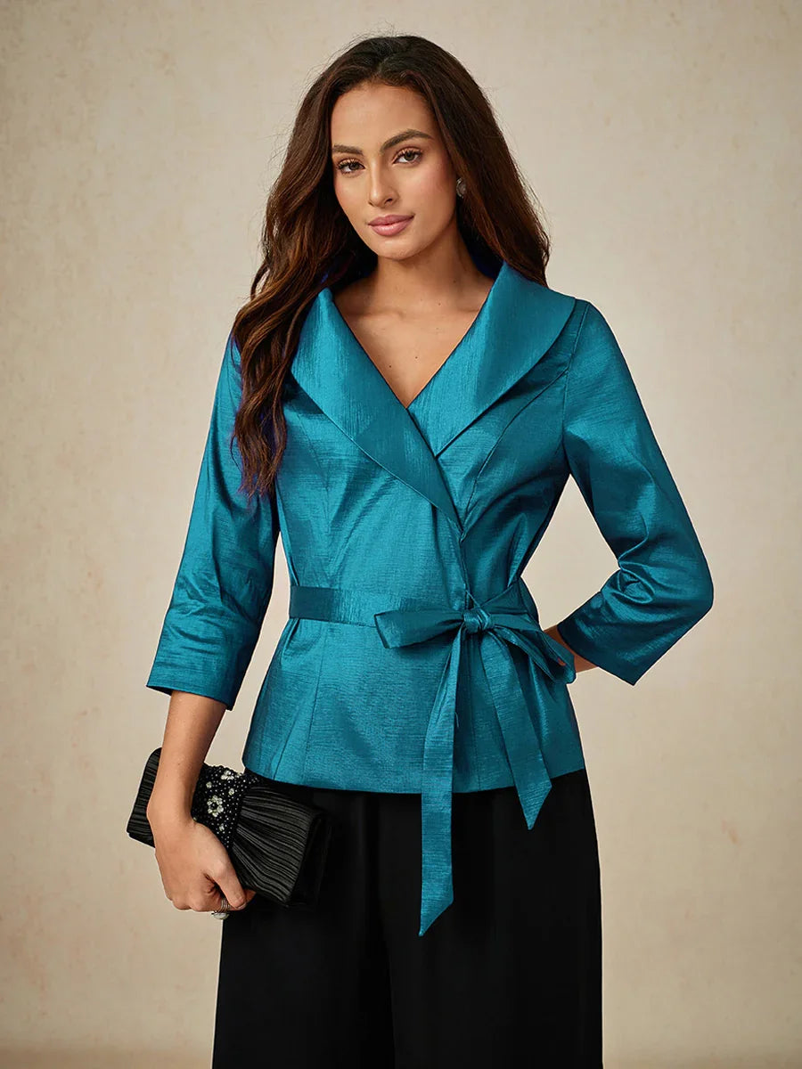 3/4 Sleeve Stretch Taffeta Blouse with Tie Waist Detail
