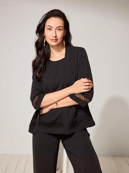 Lace-Trimmed Satin Tank Top Cardigan Set