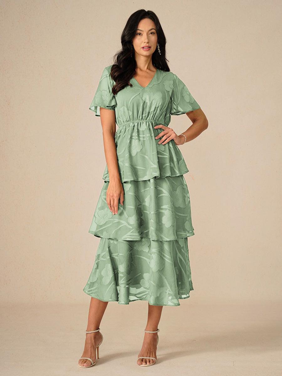Lace V Neck Ruffle Layered Flutter Dress