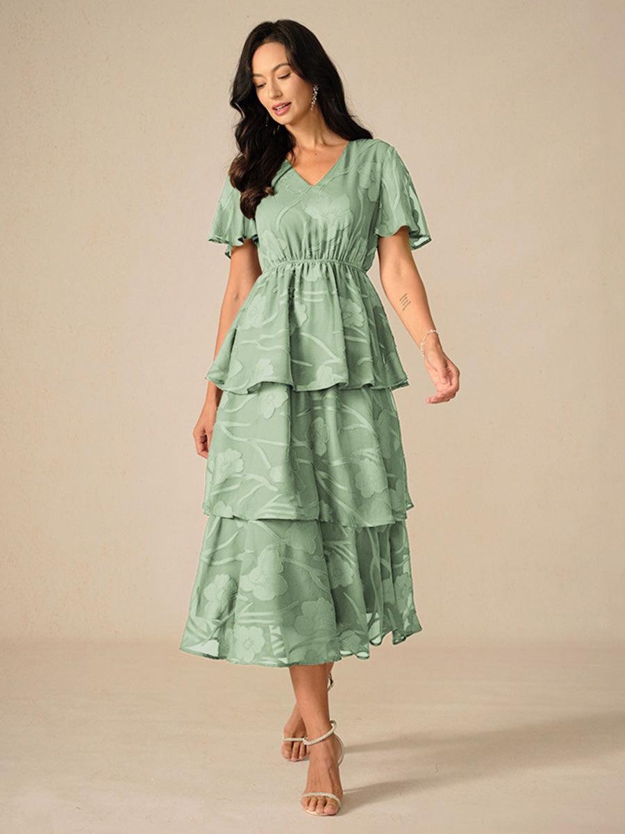 Lace V Neck Ruffle Layered Flutter Dress