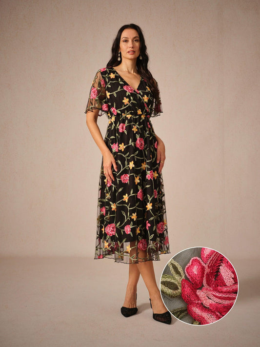 Floral Embroidery Mesh Midi Dress