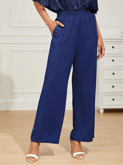 Mid-Rise Elastic Waist Wide-Leg Pants with Pockets