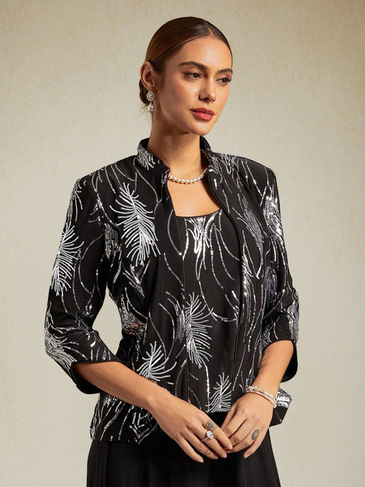 Elegant Mandarin Collar Sequin Twinset